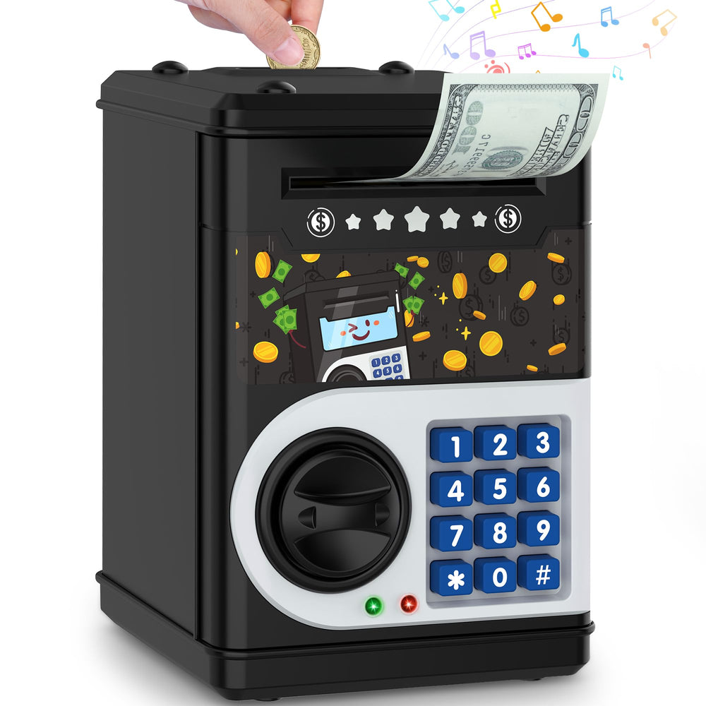 LJZJ Black Kids Piggy Bank ATM top view showing saving concept and design