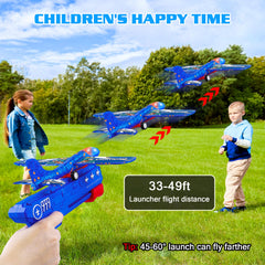 LJZJ outdoor kids play with foam gliders in a yard or park.