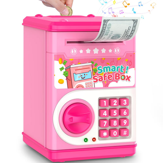 LJZJ pink piggy bank with password lock secures kids' savings.