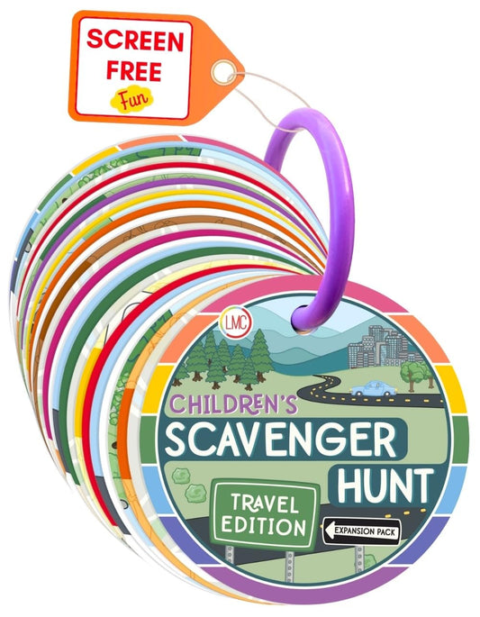 LMC Products travel edition scavenger hunt card layout for curious toddlers outdoors.
