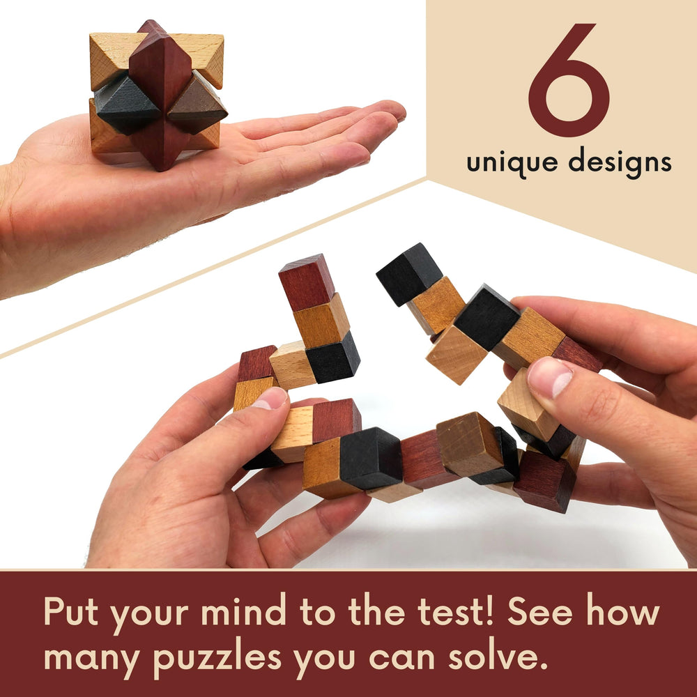 Gift-ready display of LMC Products wooden brain teasers for family fun.