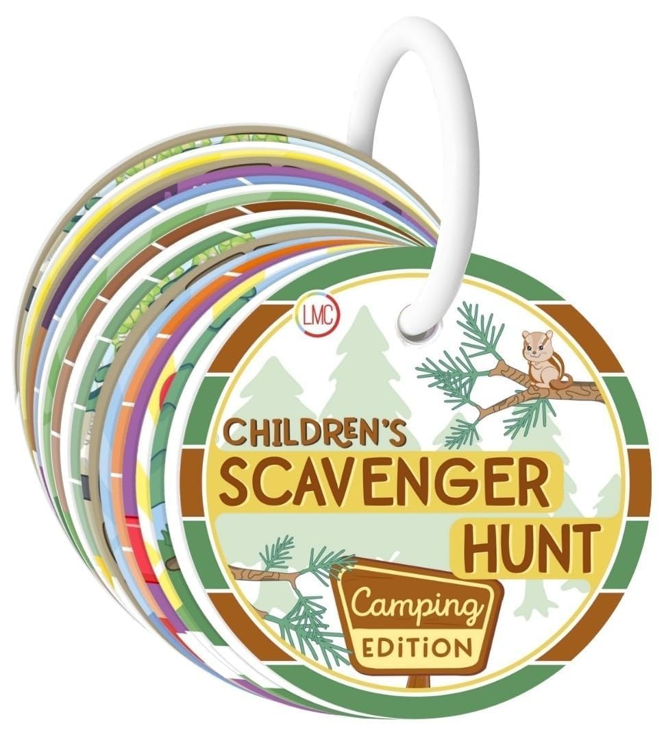 LMC Products Scavenger Hunt Camping Edition card front with colorful clues for toddlers