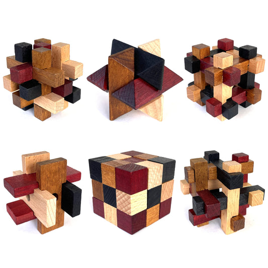 LMC Products wooden brain teasers six-pack in box for mental challenge and fun.