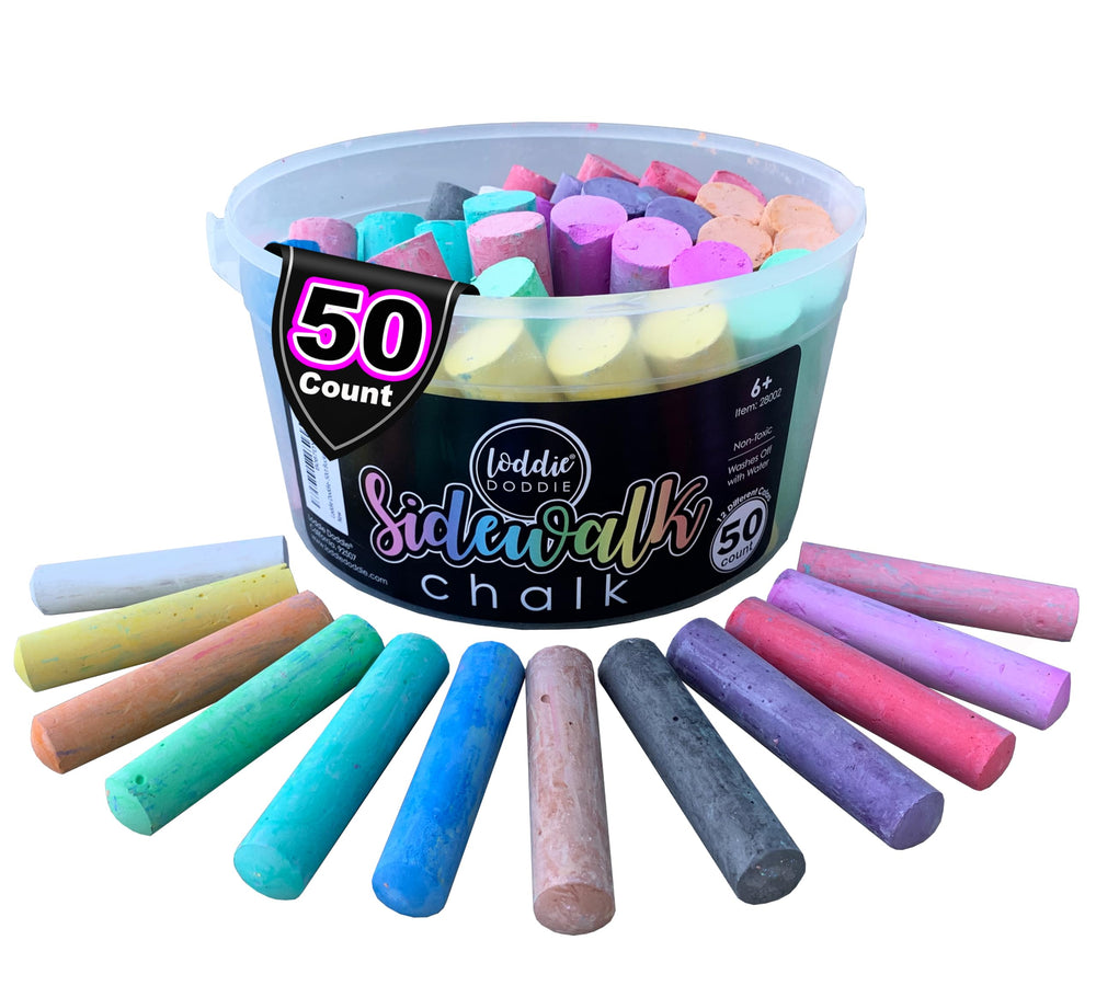 Loddie Doddie jumbo sidewalk chalk bucket used for outdoor art on the driveway.