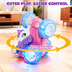 Logth Unicorn RC Car performing a 360° spin during a pretend race.