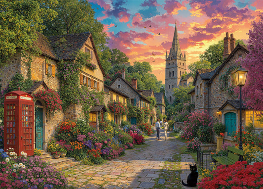 LOJETON Church Lane 1000-piece puzzle showing sunset village for relaxing decor