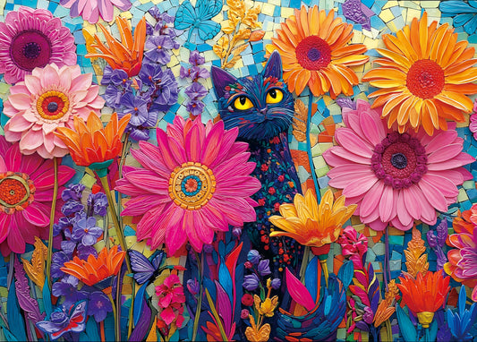 LOJETON Flowers Cat Puzzle 1000 pieces with stained glass colors for relaxing evenings.
