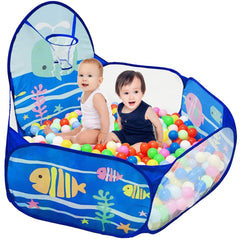 LOJETON Kids Ball Pit with basketball hoop in ocean design enhances hand-eye coordination during play