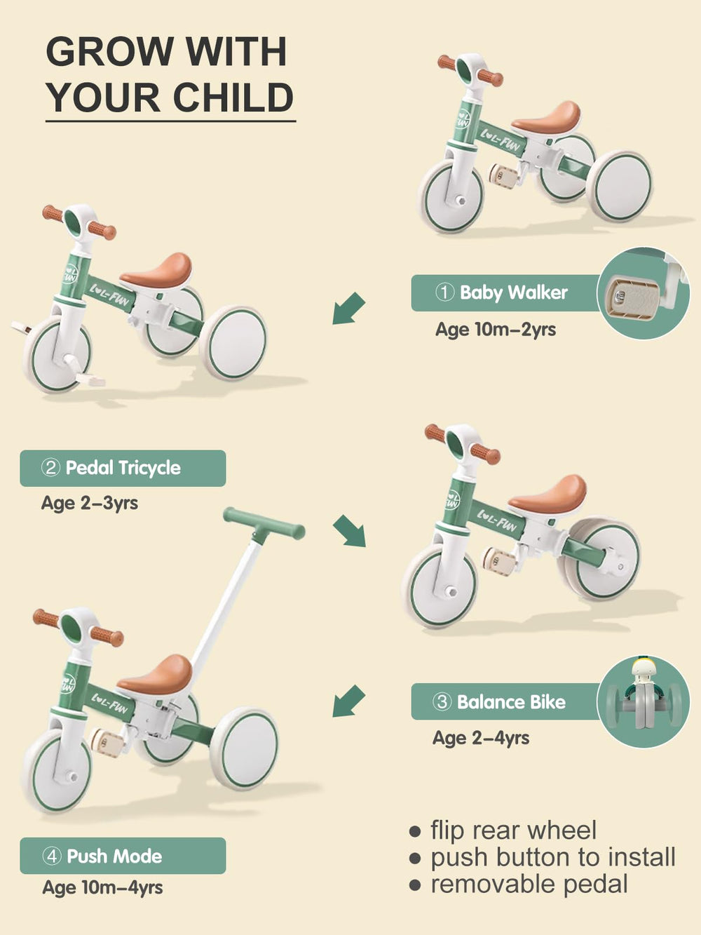 Parent push handle in action for guided LOL-FUN riding.
