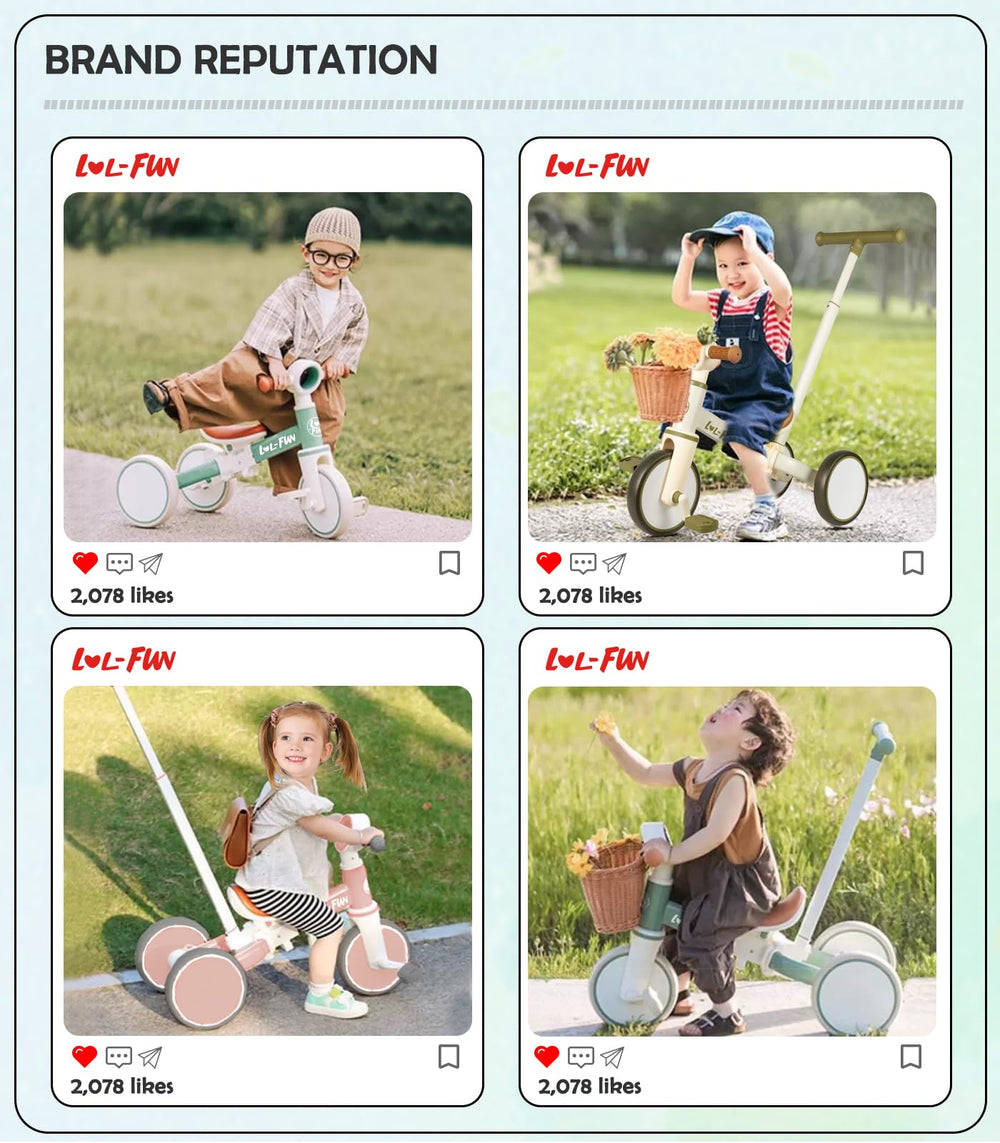Wheels enable smooth indoor and outdoor play on LOL-FUN tricycle.