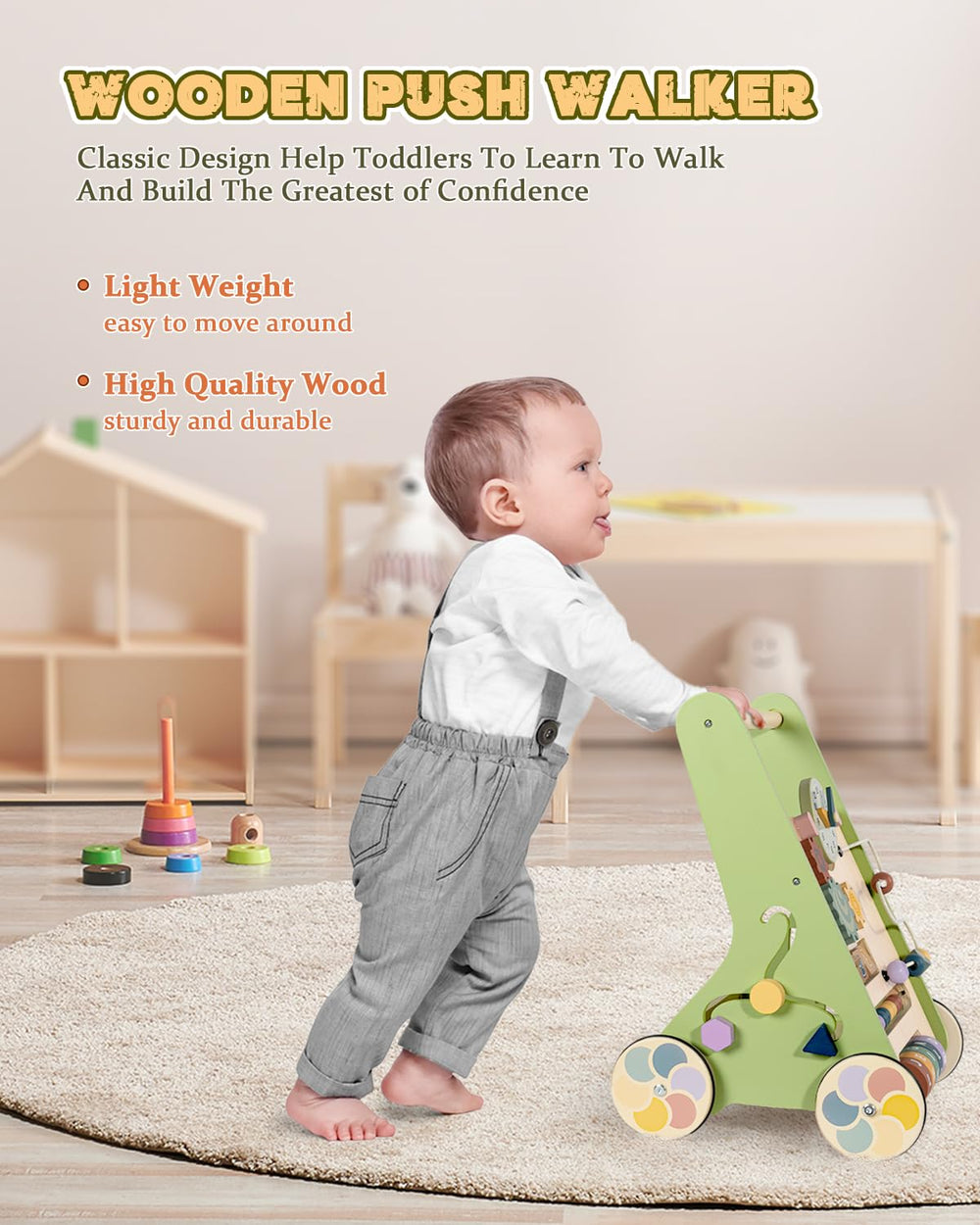 LOL-FUN wooden baby walker back panel storage with toys.