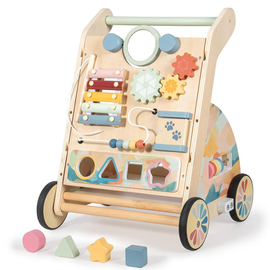 LOL-FUN wooden baby walker with detachable busy board aids seated play and exploration.