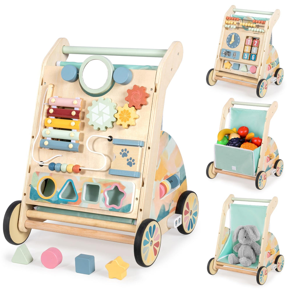 LOL-FUN wooden baby walker with double-sided busy board for independent play.