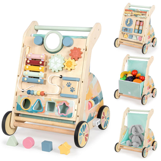 LOL-FUN wooden baby walker with double-sided busy board for independent play.