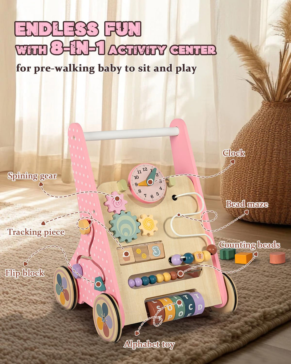 LOL-FUN wooden baby walker ergonomic support promotes natural walking posture and balance.