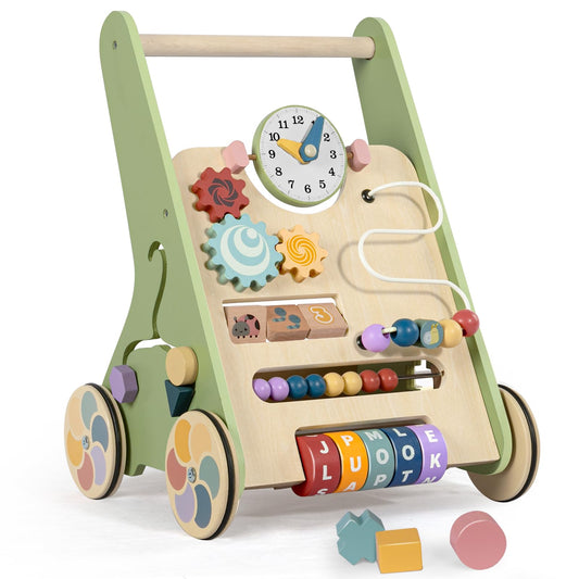 LOL-FUN wooden baby walker front view with safe wheels for early walkers.
