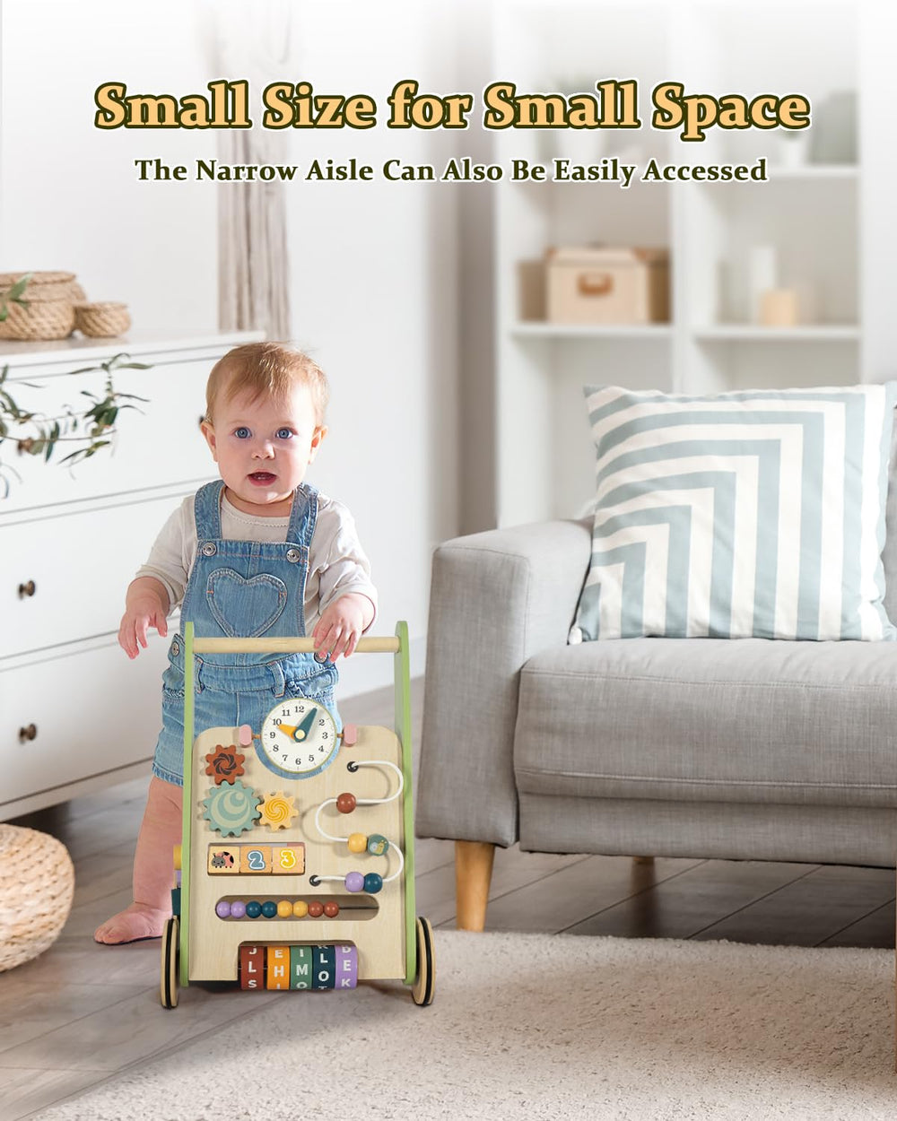 LOL-FUN wooden baby walker side view highlighting compact design for small spaces.