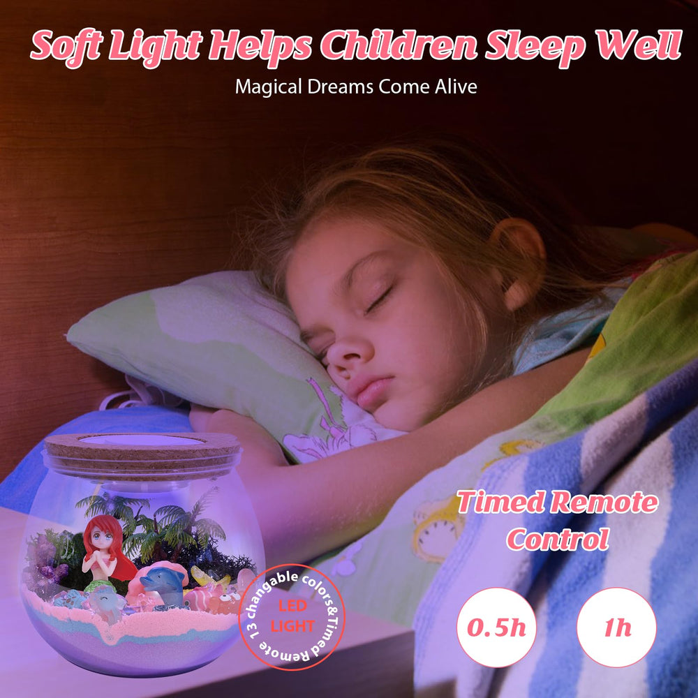Glowing Lonfypeng Mermaid Terrarium decor on a girl's bedroom shelf