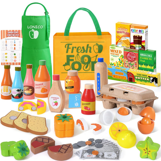 Lonico wooden supermarket bag and apron set for imaginative shopping experiences