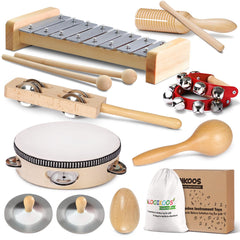 LOOIKOOS toddler musical instruments set seen with colorful wooden toys for imaginative play.