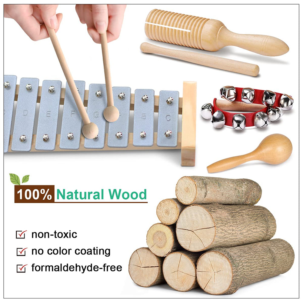 LOOIKOOS wooden music toys carrying bag keeps all pieces organized.