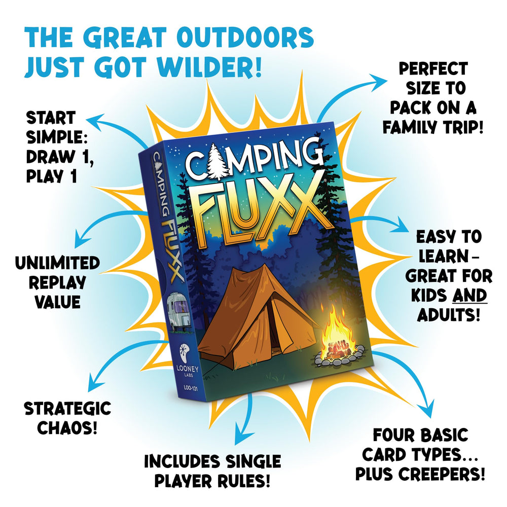 Campfire night scene featuring Looney Labs Fluxx for cozy outdoor fun.