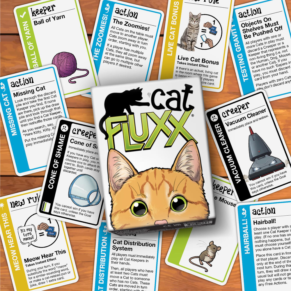 Looney Labs Cat Fluxx empty-food-bowl creeper adds relatable humor.