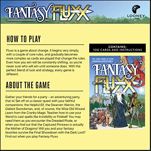 Looney Labs Fantasy Fluxx hero card art signals fantasy adventure.