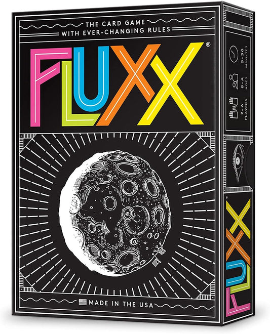 Looney Labs Fluxx 5.0 box open for quick-start family play