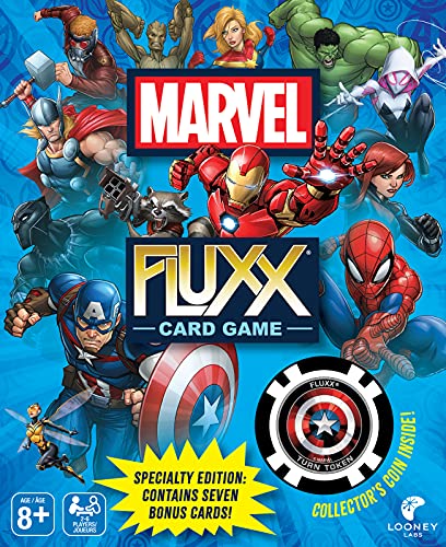 Looney Labs Marvel Fluxx Specialty Edition card deck; bright art sparks quick, social play.