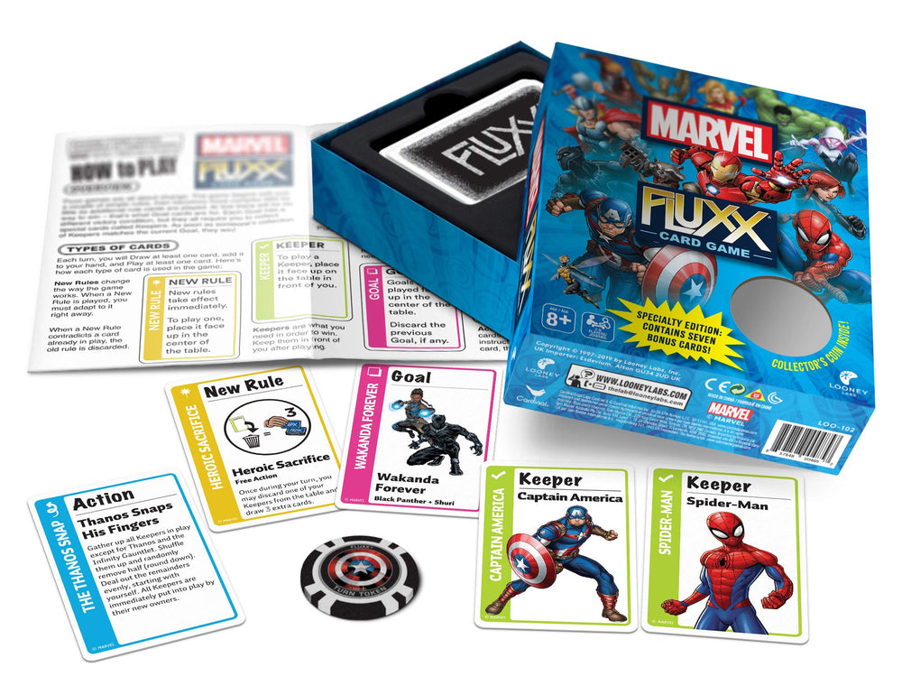 Looney Labs Marvel Fluxx Specialty Edition rule cards; new twists keep rounds fresh and fun.