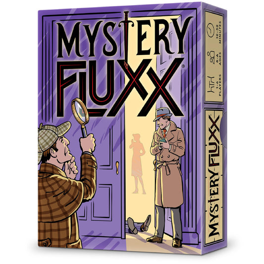 Looney Labs Mystery Fluxx game cover invites family mystery night with intrigue