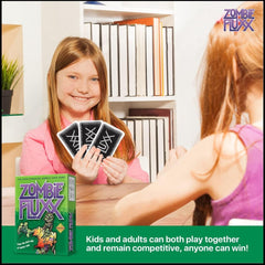Looney Labs Zombie Fluxx family game-night scene encourages laughs and bonding.