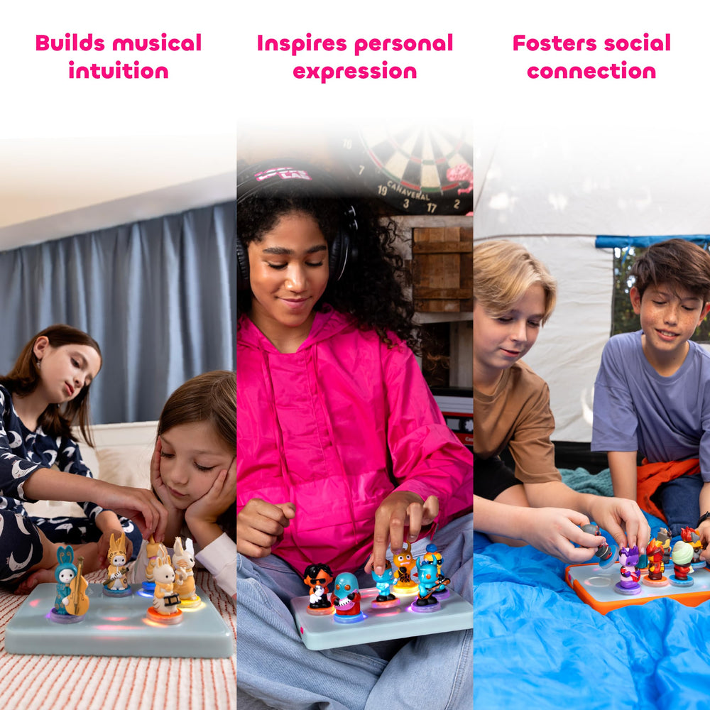 Multi-layer looping action builds tracks by adding and removing figurines.
