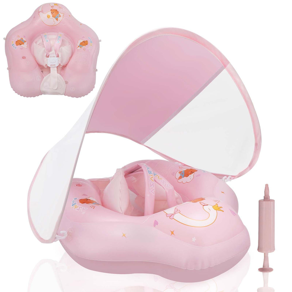 Loowarts baby float with canopy provides UV protection and shade for sunny swims.
