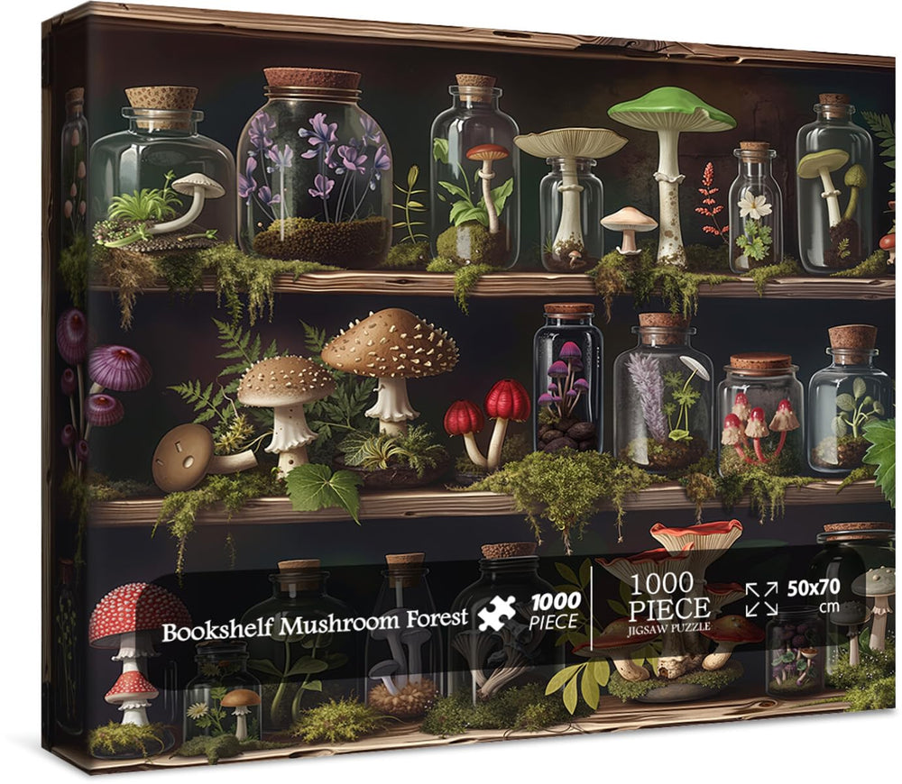 Lorvonis Bookshelf Mushroom Forest Puzzle box cover showcases vibrant colors for decorative display.