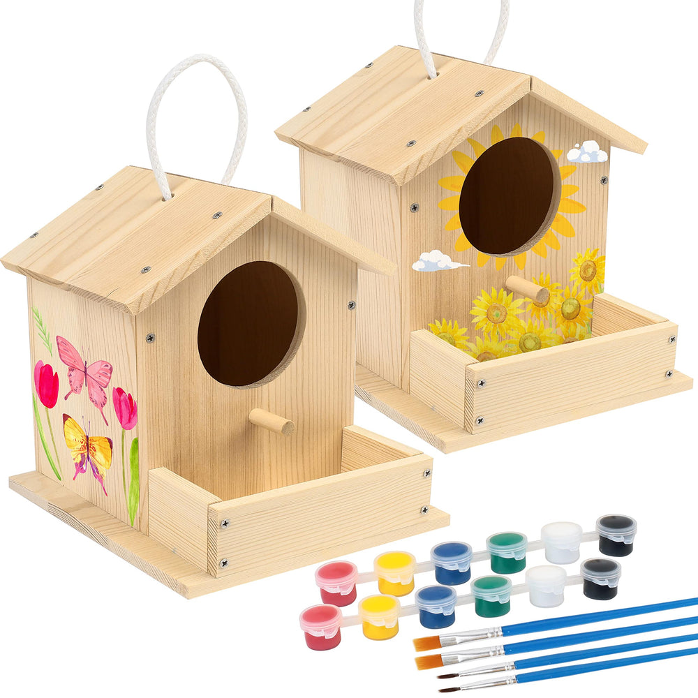LotFancy bird house kit assembly: sturdy pine pieces for a family-friendly building project.