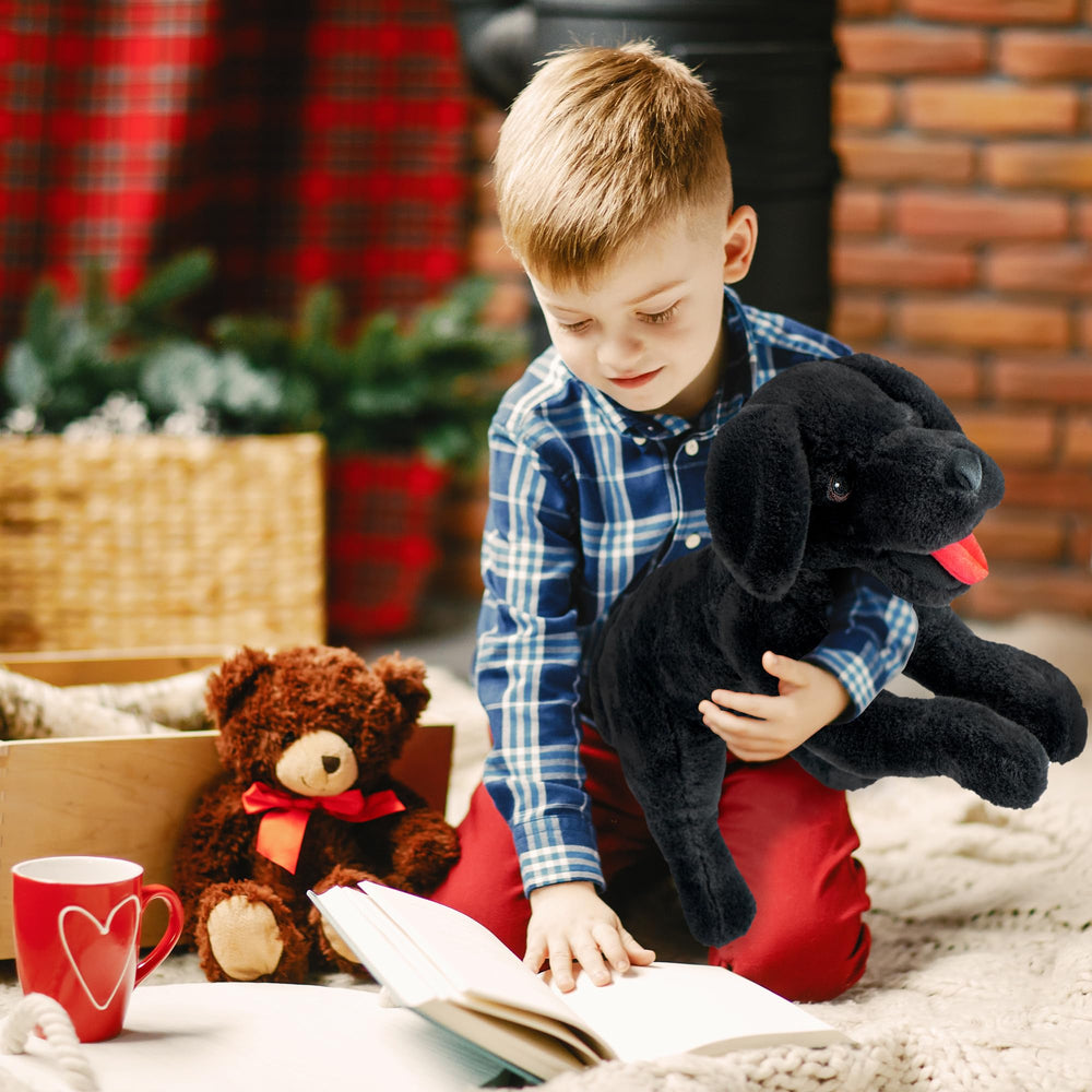 LotFancy surface-washable black lab plush with durable embroidery and nose detail.