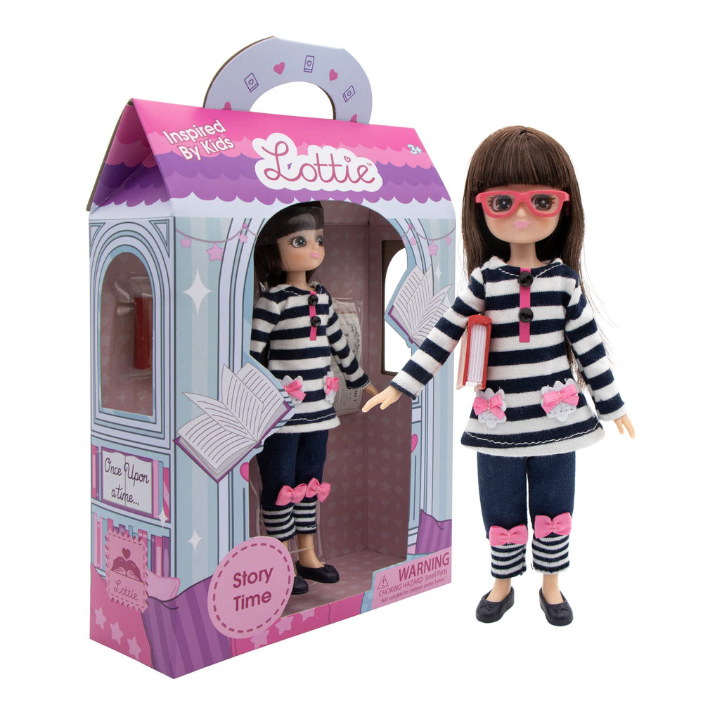 Lottie Story Time Doll with Glasses inspires pretend reading and nurturing role-play.