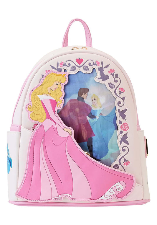 Loungefly Disney Sleeping Beauty Lenticular Backpack front view with vivid princess art, ideal for everyday wear.