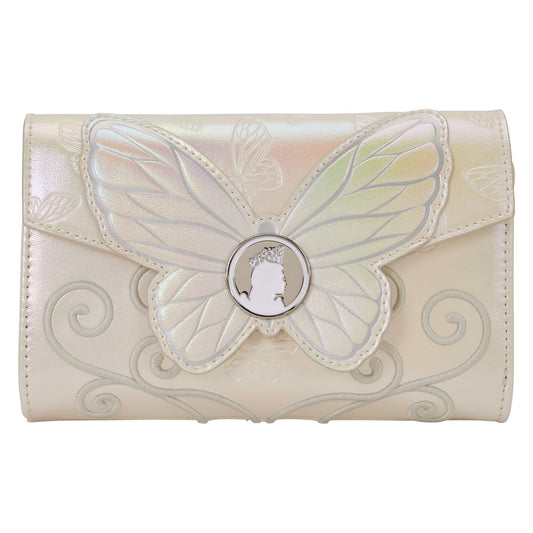 Loungefly Wicked Part Two wallet front with enamel butterfly charm for glam accessorizing.