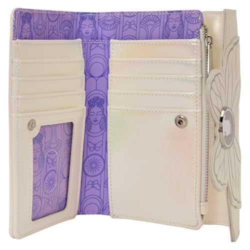 Loungefly Wicked Part Two wallet pearlescent finish and debossed butterflies for elegance.
