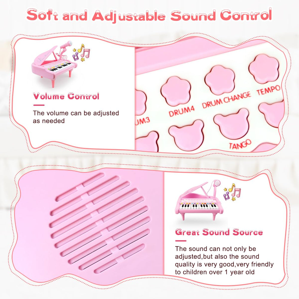 Love&Mini pink piano toy offers four instrument modes for varied soundscapes.