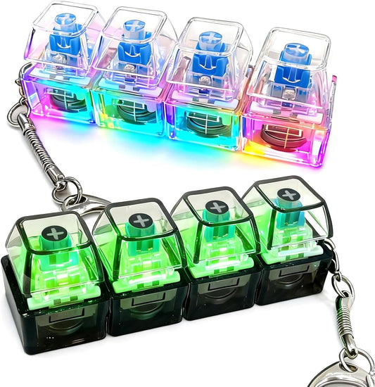 LOVESPACE 2-pack keyboard fidget keychain front view with four clickable buttons and LED glow