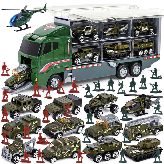 LovesTown 44PCS military truck set with carrier truck for immersive play and storage.