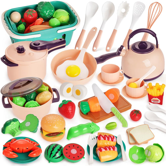 LovesTown 59pcs play kitchen accessories display invites imaginative cooking play for toddlers.