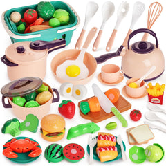 LovesTown 59pcs play kitchen accessories display invites imaginative cooking play for toddlers.