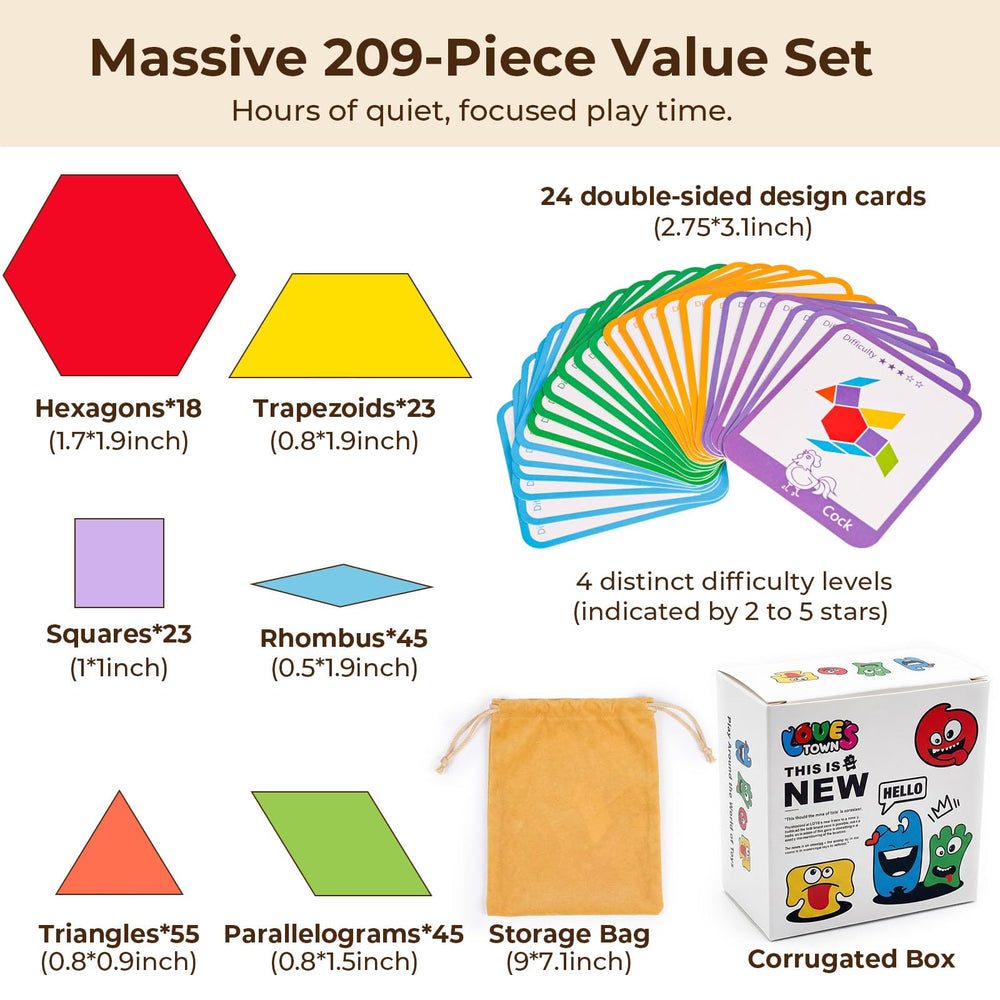 LovesTown pattern blocks with activity cards guide progressive learning and creativity