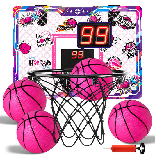 LovesTown pink indoor hoop over-door with LED scoreboard boosts family game night fun