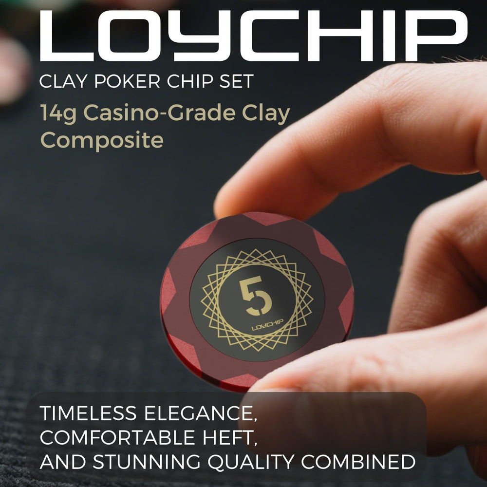 LOYCHIP denomination layout with gold, red, green, black, and purple chips.